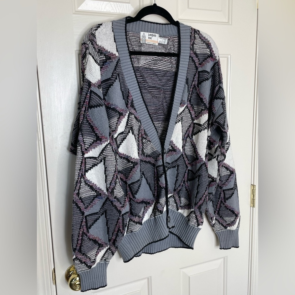Vintage London Fog Men’s Cardigan Sweater Geometric 80s 90s Button Up | L - Picture 2 of 12